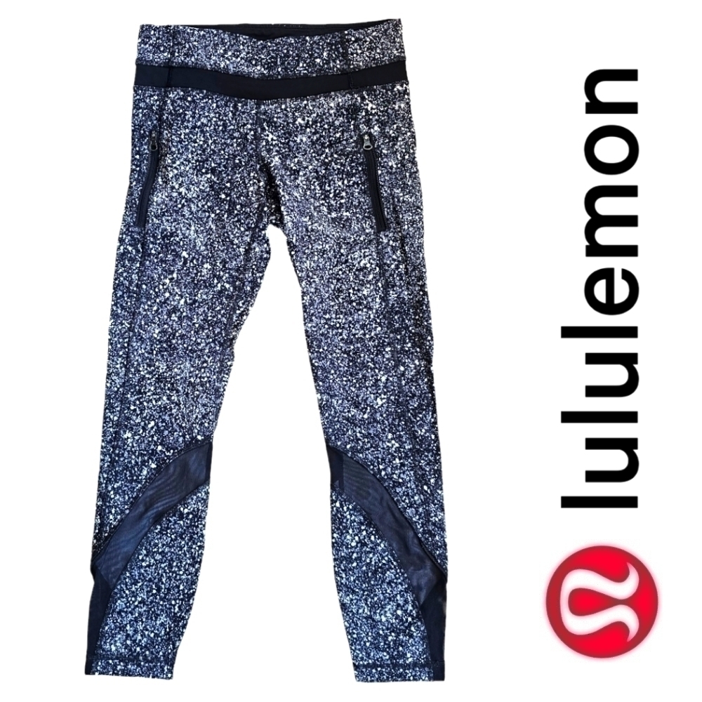 Lululemon Pace Rival Crop Cropped Leggings Paint Splatter White Black Mesh Sz 4